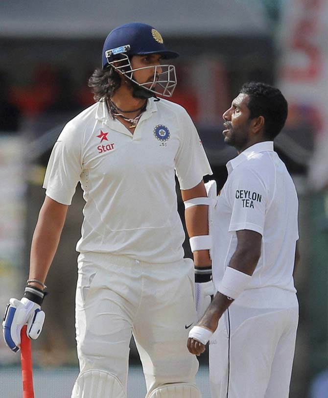 Ishant Sharma and the Sri Lankan team: During the fourth day of the third and final Test match between India and Sri Lanka, Ishant Sharma taunted pacer Dhammika Prasad while taking a single after the latter exhausted his quota of bouncers in the over. Ishant began tapping his head to signal Prasad to take aim there. This followed by a war-of-words between the two. Things did not end there as Lanka s Dinesh Chandimal nudged Ishant while passing him during the spat. This infuriated R Ashwin and later on, Lahiru Thirimanne too joined the clash. The umpires then advised Angelo Mathews to calm his players down