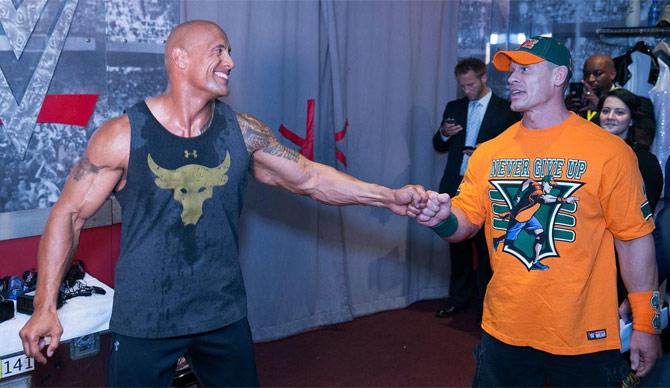 The Rock and John Cena backstage at WrestleMania 32