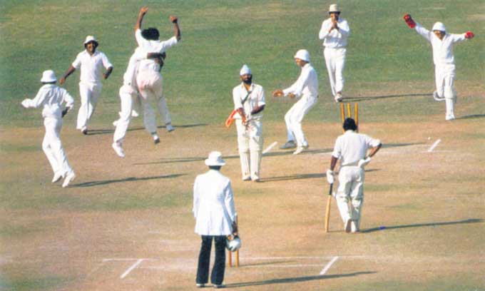 Bishen Bedi is clean bowled by Sarfraz Nawaz in the Lahore Test of the 1978-79 Series. PIC COURTESY: Test decade by Patrick Eagar