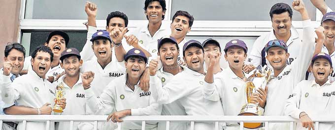 Sourav Ganguly and teammates celebrate their historic series win over Pakistan in the fourth and final Test at Rawalpindi. It was India's first Test series win in Pakistan
