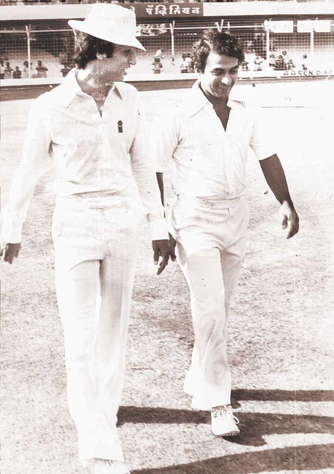 Captains Asif Iqbal (left) and Sunil Gavaskar walk out to toss at Wankhede Stadium in the 1979-80 series