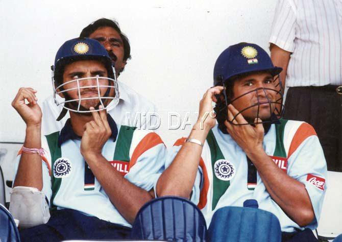 Sourav Ganguly and Sachin Tendulkar getting set for play during an ODI match between India and Pakistan