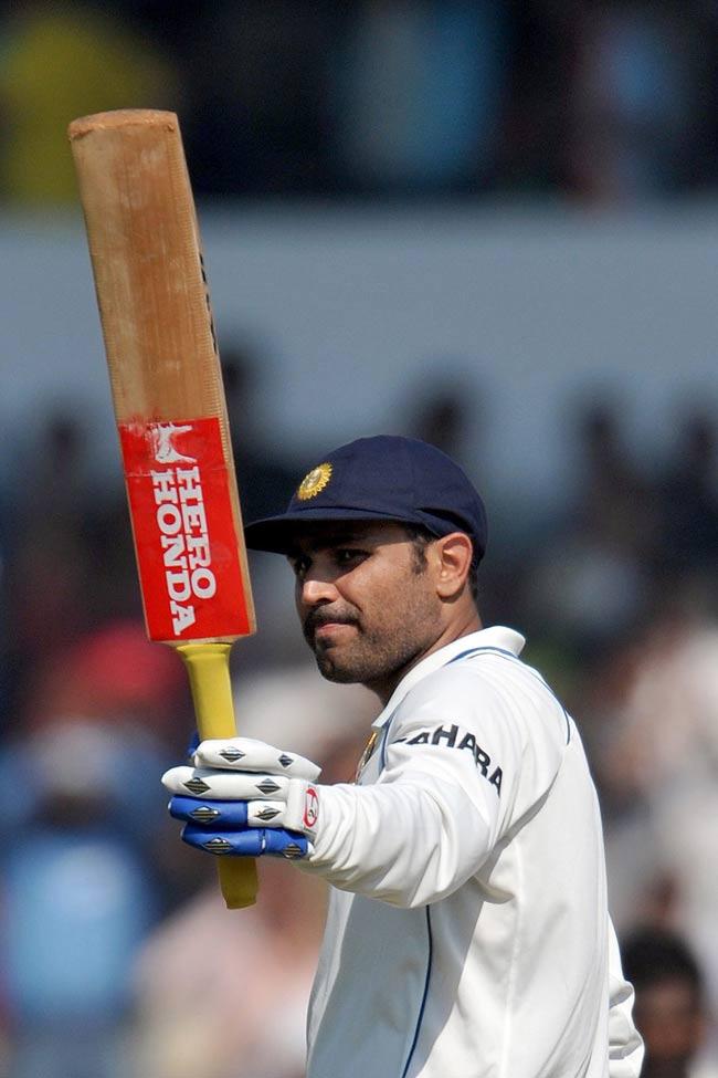 Records: Highest total in a Test match -- India 643/6 decl. in Kolkata, 14 Feb 2010. Virender Sehwag was the highest scorer with 165 runs while Tendulkar, Laxman and Dhoni also hit centuries. (Sehwag. Pic/ AFP)