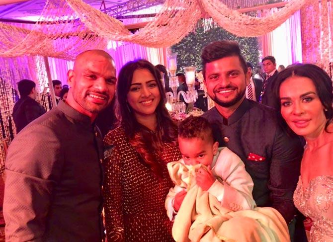 Shikhar Dhawan with wife Ayesha and son Zoravar along with Suresh Raina and wife Priyanka. (Pic/ Suresh Raina Instagram)