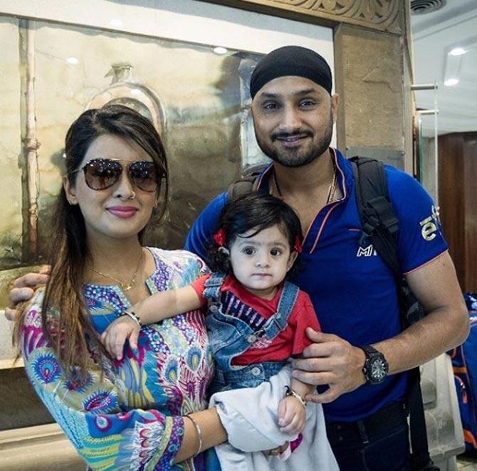 Mumbai Indians spinner Harbhajan Singh with his wife Geeta Basra and daughter Hinaya Heer. The little one is quite the star in the MI camp.
