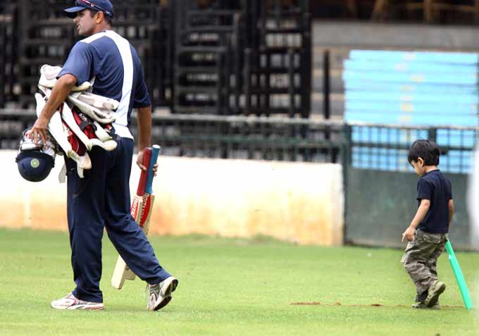 Rahul Dravid married Vijeta Pendharkar in May 2003. The couple has two sons, Samit who was born in 2005 and Anvay, in 2009. Pic/ AFP In pic: India U-19 coach and former Indian cricketer Rahul Dravid walks with his son Samit