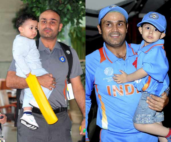Virender Sehwag married Aarti Ahlawat in 2004. The couple have two sons - Aryavir and Vedant In pic: Former Indian hard-hitting cricketer and Punjab's coach Virender Sehwag with his son Aryavir.