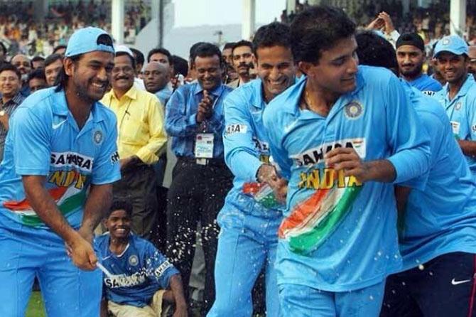 In picture: Irfan Pathan and MS Dhoni have a light moment with Sourav Ganguly during an ODI match