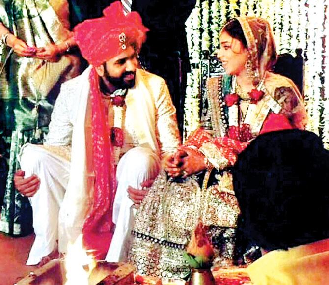 Rohit and Ritika during their marriage ceremony. Pic courtesy/ Suresh Raina on Twitter
