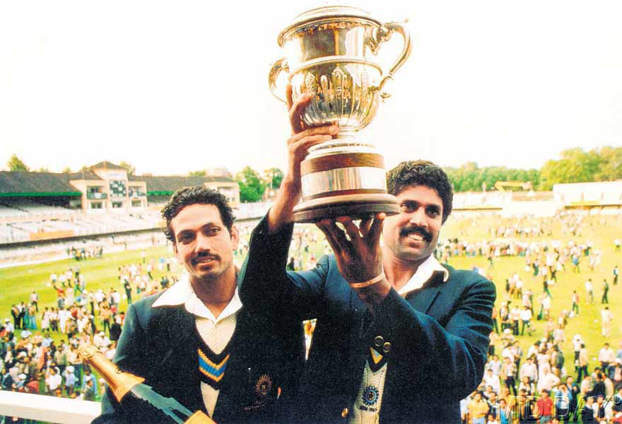 Kapil Dev  with Mohinder Amarnath lifting the 1983 World Cup won by India