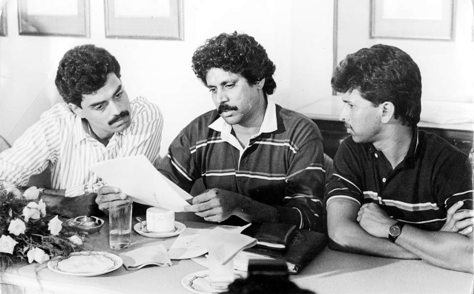 Kapil Dev with teammates Dilip Vengsarkar and Kiran More