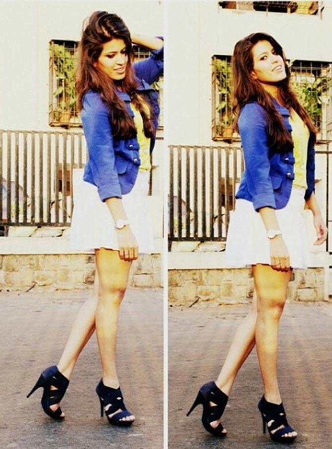 Pankhuri Sharma looks sexy in this short white dress and blue jacket, she wrote, '#morning #loving the colours'