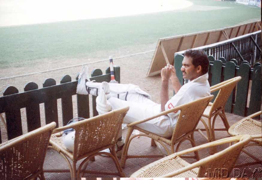 Mohammad Azharuddin was well known for his game-changing strategies and skills as captain. Mohammad Azharuddin became the captain of the Indian team in 1989, succeeding Krishnamachari Srikkanth. Azharuddin led the Indian team in 47 Test matches and 174 One Day Internationals. In picture: Mohammad Azharuddin sitting with his pads on, waiting for his turn to bat.