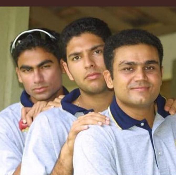 A throwback picture of Mohammad Kaif, Yuvraj Singh and Virender Sehwag during a cricket tour