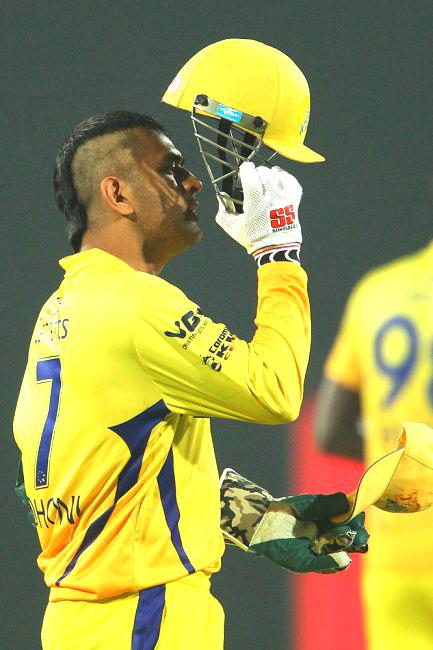 MS Dhoni sporting a Mohawk during a Chennai Super Kings match. Pic Courtesy/ CLT20