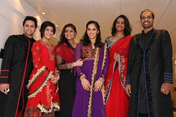 Parupalli Kashyap, Ashwini Ponnappa, Saina Nehwal, P V Sindhu and Gopichand during the opening ceremony of Indian Open Super Series in August 2013