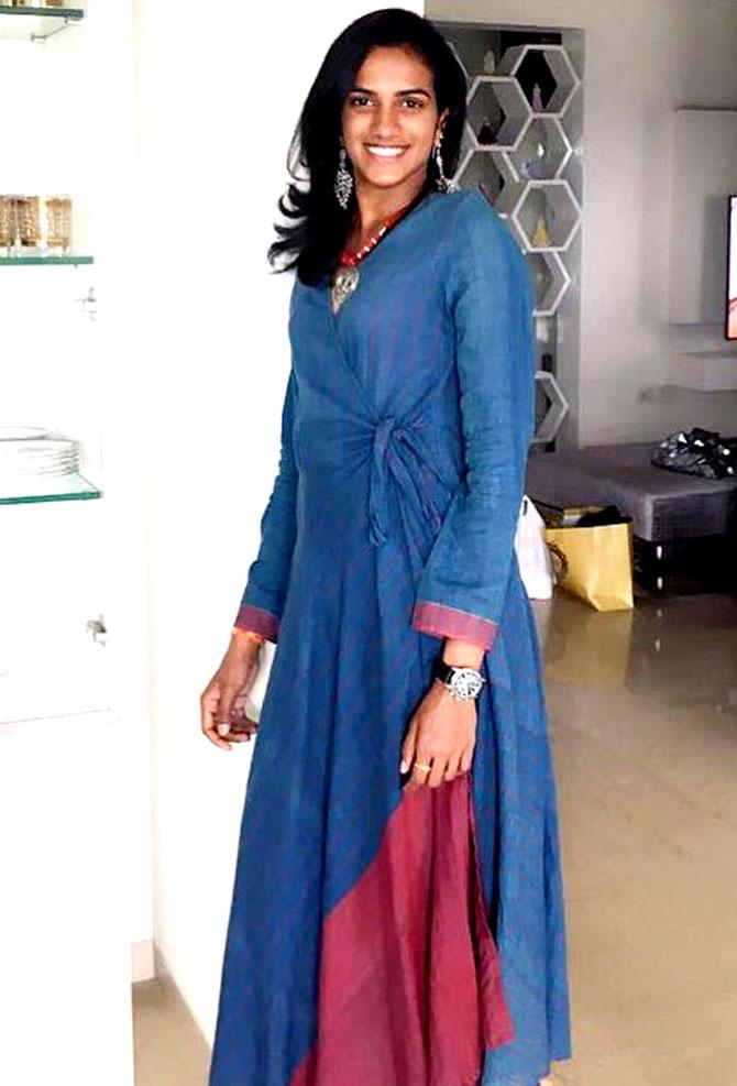 PV Sindhu posted this picture on Instagram and captioned it: '????.....loving it....by @shravyavarma thanks darling for this outfit???? #lovingit#dressingup#??'
