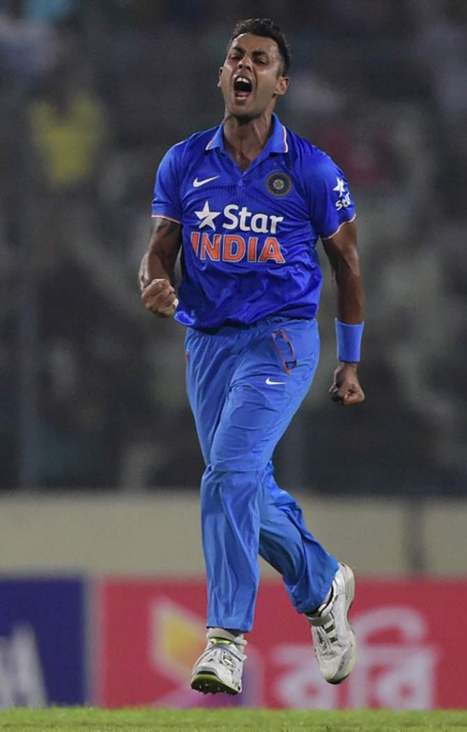 Stuart Binny - 6/4 vs Bangladesh. Overs - 4.4. Maidens - 2. Venue - Dhaka. Date - 17 Jun 2014. (Pics/ AFP)
