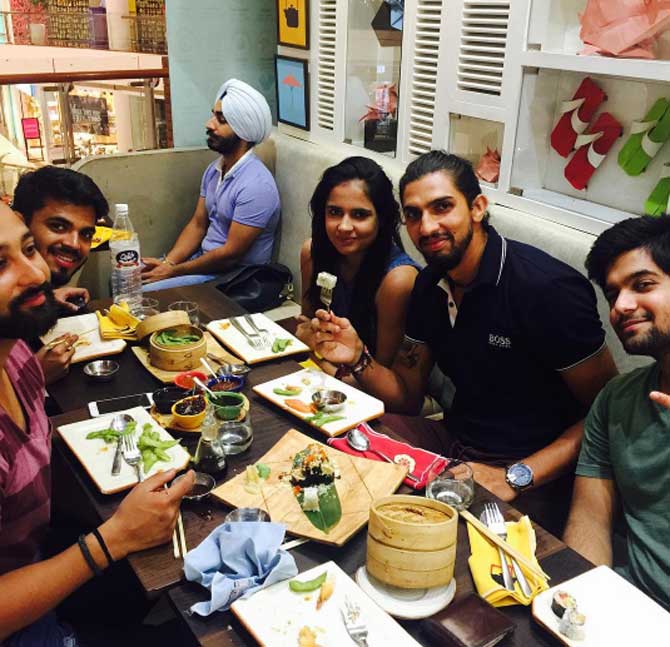 In the IPL, Ishant Sharma has featured in the league right from the first season in 2008. In pic: Ishant Sharma and wife Pratima Singh often have dinner outings with their friends. Who would have ever seen this side of the Indian pacer, right?