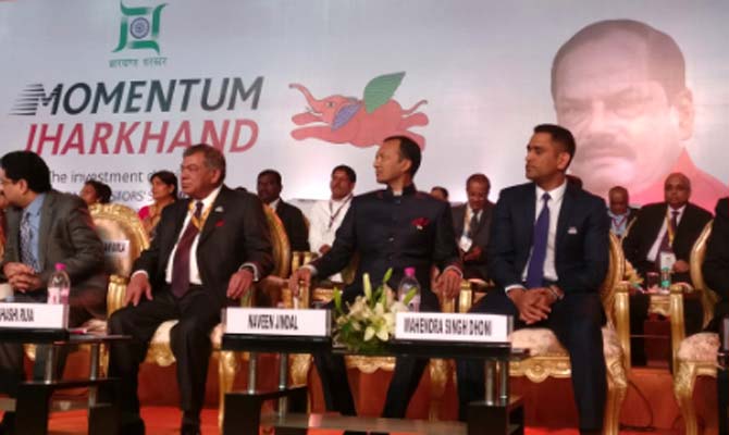 MS Dhoni with industrialists at the event. Pic/Twitter 