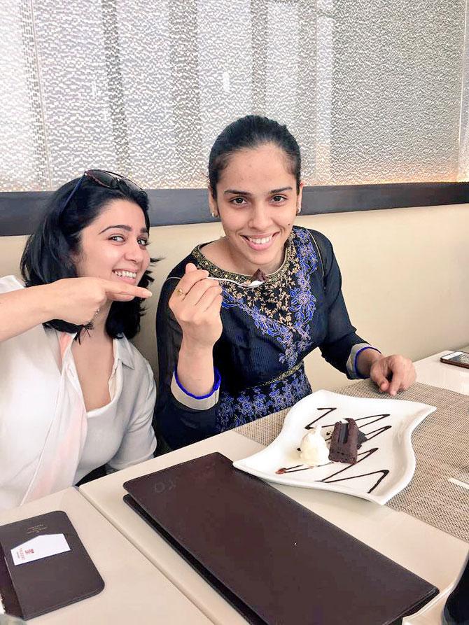 The shuttler enjoyed the company of actress Charmee Kaur  