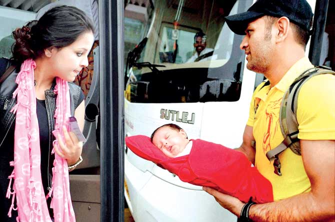 India's star wicket-keeper and former captain MS Dhoni with his wife Sakshi and their daughter Ziva