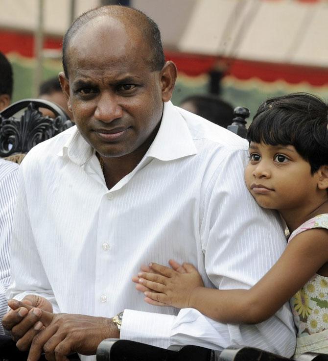 Former Sri Lankan cricketer Sanath Jayasuriya and daughter Yalindi attend a Sports Ministry event in Colombo in January 2, 2010. Pic/ AFP