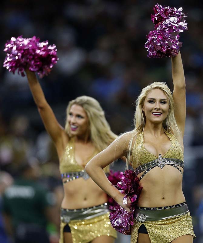 New Orleans Saints cheerleaders perfrom during the second half of a game against the Carolina Panthers at the Mercedes-Benz Superdome on Sunday in New Orleans, Louisiana. 