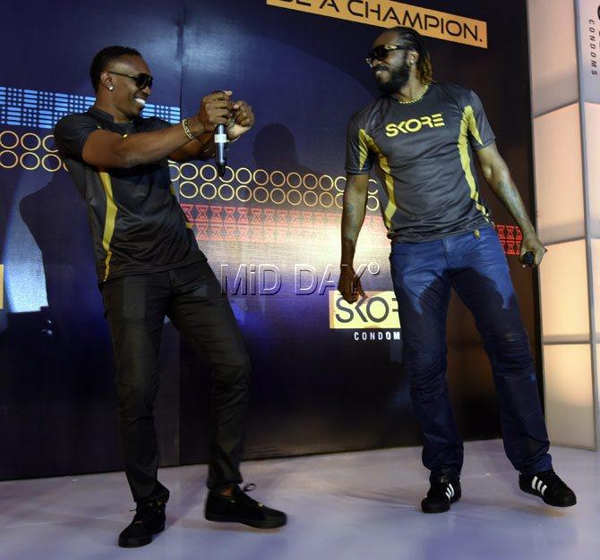 West Indian cricketing superstars Dwayne Bravo and Chris Gayle in MUmbai on Friday during the launch of a new product for the condom-brand u00e2u0080u0098Skoreu00e2u0080u0099.  Pics/ Pradeep Dhivar