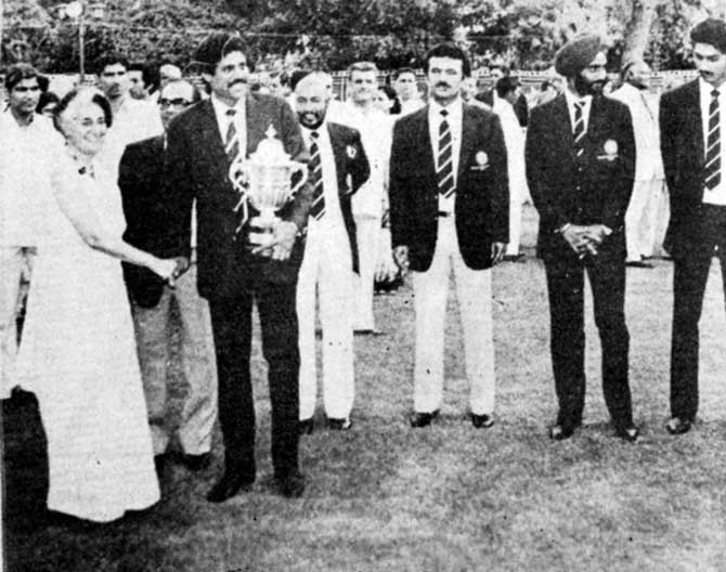 Prime Minister Indira Gandhi with the 1983 World Cup-winning team members