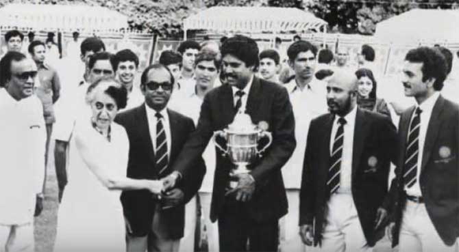 Prime Minister Indira Gandhi with India's 1983 World Cup-winning team members