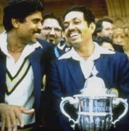 Kapil Dev and teammate Mohinder Amarnath with World Cup trophy at Lord's Cricket Ground