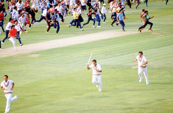 Mohinder Amarnath (left) followed by Yashpal Sharma and Roger Binny run towards the dressing room after winning the 1983 World Cup final
