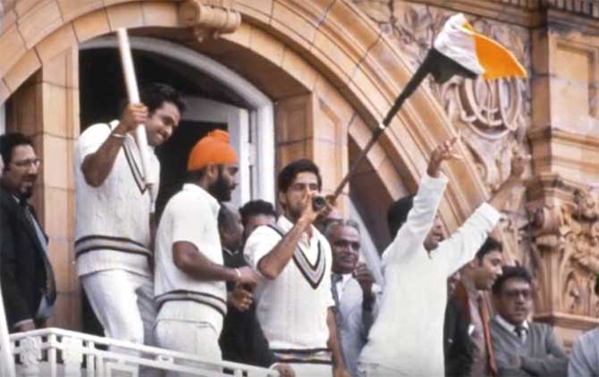 Krishnamachari Srikkanth, Balwinder Singh Sandhu and the rest of the Indian team celebrates their epic 1983 World Cup win