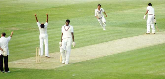 West Indies' Andy Roberts loses his wicket to Kapil Dev as India power to victory in the 1983 World Cup final at Lord's. Joel Garner is at the other end