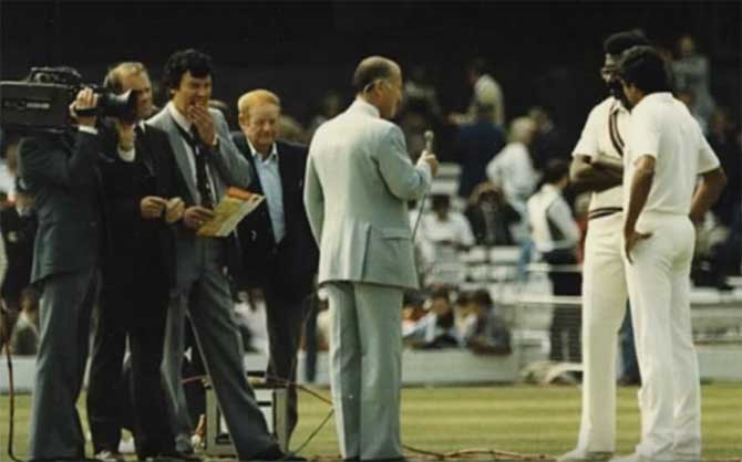 Indian skipper Kapil Dev and West Indies captain Clive Lloyd being interviewed prior to the 1983 World Cup finale