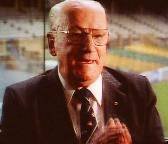 This May 29 photo taken off TV shows Sir Donald Bradman, Australia's greatest sporting champion, as he breaks a long, self-imposed silence in an appearance on a nationally televised interview that was pre-recorded in Melbourne. Pic/AFP