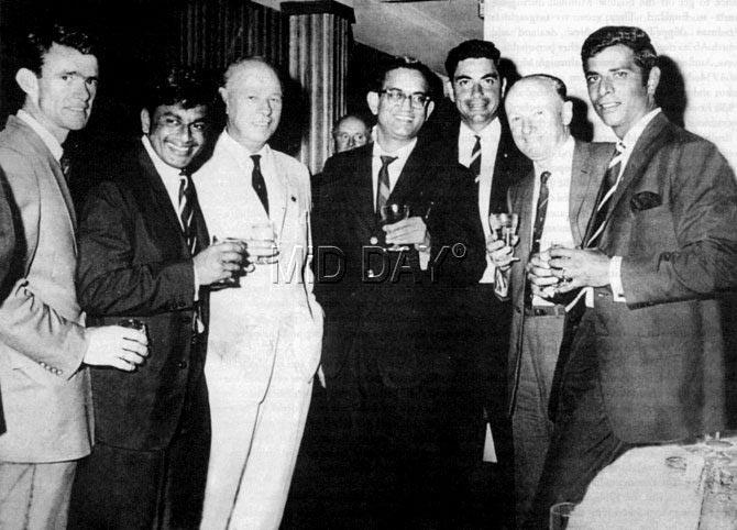 The right spirit: (From left) Johny Gleeson, Erapalli Prasanna, Jak Fingleton, KN Prabhu, Farokh Engineer, Sir Don Bradman and M L Jaisimha share a few laughs over a drink during the 1967-68 tour to Australia. (Pic/mid-day archives)