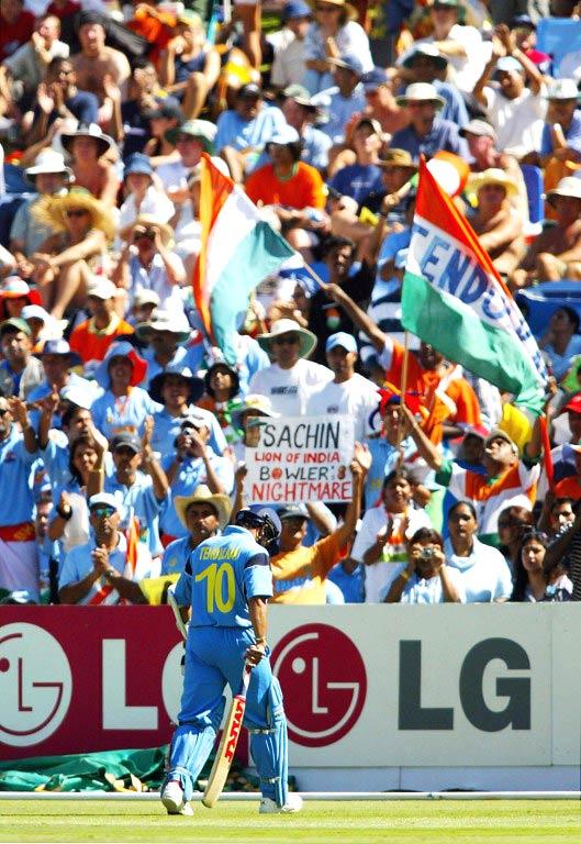 A nationu2019s pride: Sachin Tendulkar has made his way into the tricolour as well, as can be seen here during the 2003 World Cup final at Johannesburg, March 23, 2003. Pic/ AFP
