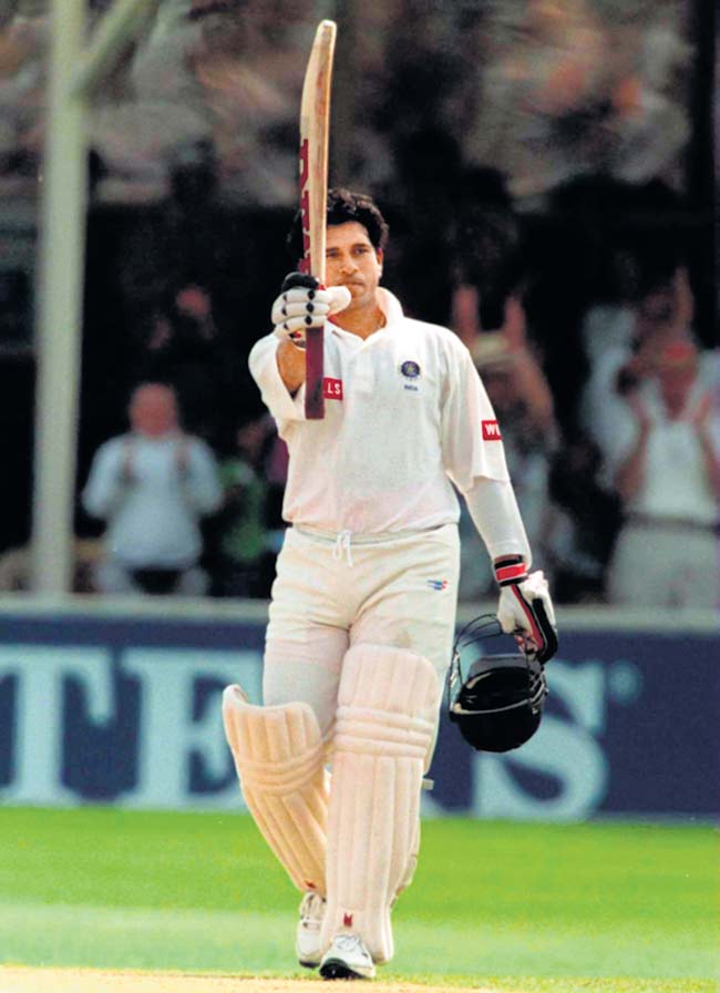 June 8, 1996: Indian batsman Sachin Tendulkar celebrates his century during the third days play in the First England v India Cornhill Test Match at Edgbaston. Mandatory Credit: Mark Thompson/ALLSPORT