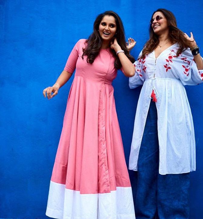 Sania Mirza with Neha Dhupia on sets of the latter's talk show: Laughter riot with this crazy girl promise to feed you dinner tomm though @nehadhupia #NoFilterwithNeha #gettingmeintrouble