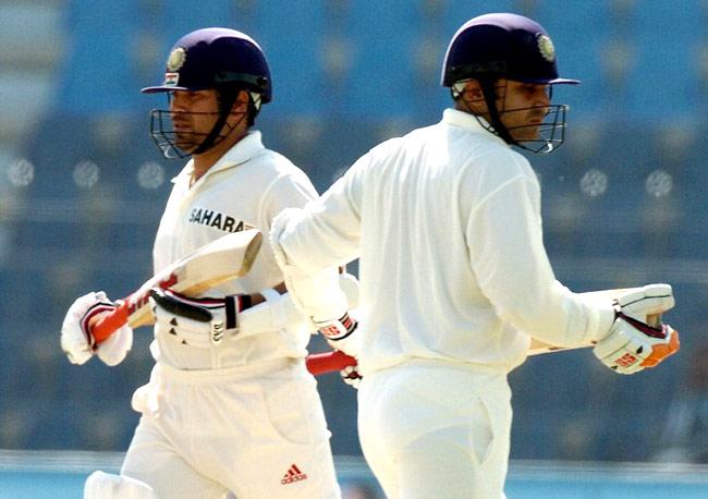 The master and the pupil show: Virender Sehwag and Sachin Tendulkar running between the wickets during a Test match.