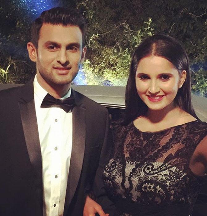 In picture: Shoaib Malik and Sania Mirza look dapper in a tuxedo and black gown respectively during an event