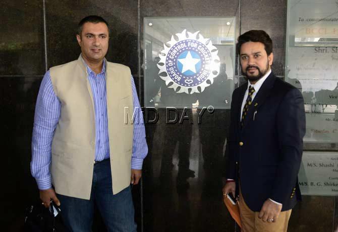 Here we go! Anurag Thakur arrives with treasurer Anirudh Chaudhary for the special general meeting (SGM) at BCCI headquarters in Mumbai on Sunday. 