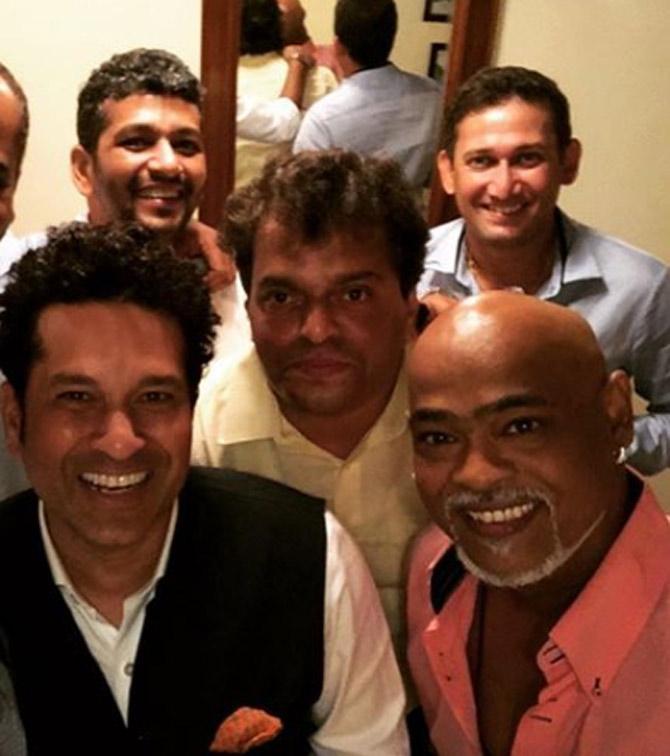Sachin Tendulkar and Vinod Kambli with Amol Muzumdar and Ajit Agarkar and the caption read: One of the most amazing things Cricket gave me is friends for life. In this company, there's never a dull moment both on and off the field