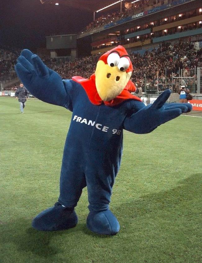 France 1998: Footix   A rooster with the worlds France 98' on his chest whose body is mostly blue. His name is a combination of the words football and ix' derived from the popular character Asterix.
