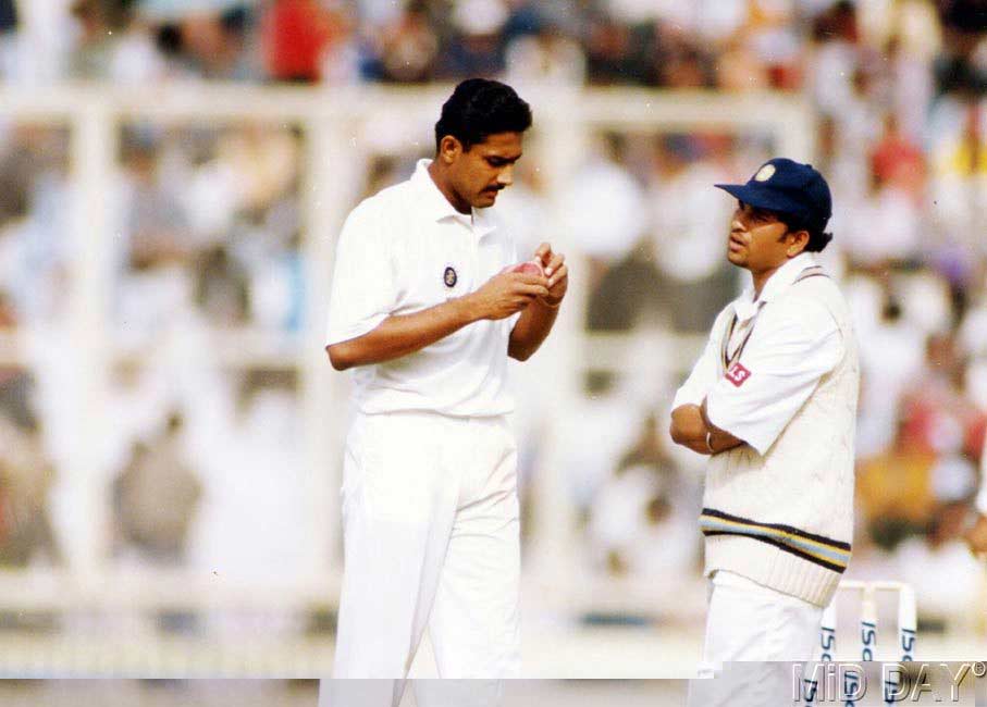 Sachin Tendulkar with spinner Anil Kumble during a Test match