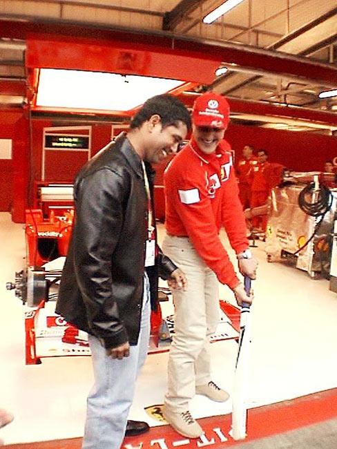 Maestro Sachin Tendulkar teaching a little bit of cricket to F1 legend Michael Schumacher