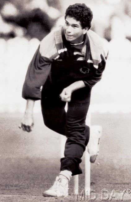 Sachin Tendulkar bowling during the 1992 World Cup in New Zealand