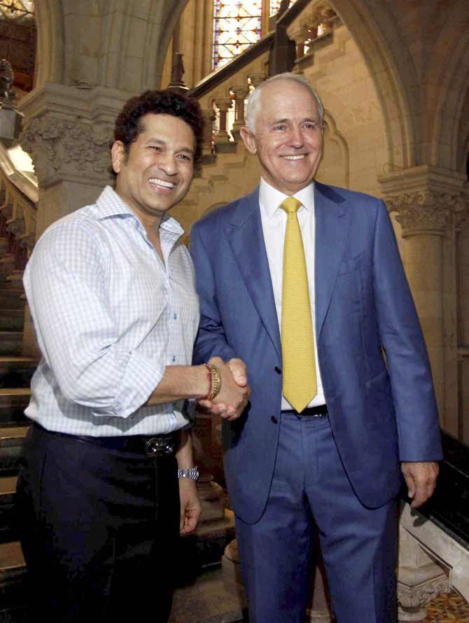 Australian Prime Minister Malcolm Turnbull shakes hands with former Indian cricketer Sachin Tendulkar in Mumbai on Wednesday. Pic/PTI